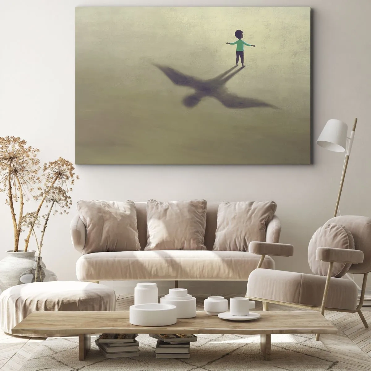Cuadro sobre lienzo - Impresión de Imagen - Una figura simbólica de un niño con la sombra de un pájaro sobre un fondo de tonos cálidos. - 70x50cm - Héroe del futuro - Decoración de pared moderna para salón y dormitorio ARTTOR