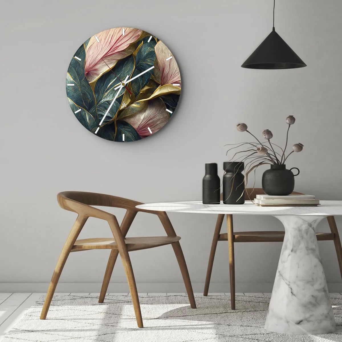 Reloj de pared - Reloj de vidrio - Hojas en tonos verdes, dorados y rosas en una forma elegante. - 30x30cm - Elegancia y estilo naturales - Decoración de pared moderna para salón, cocina y dormitorio ARTTOR