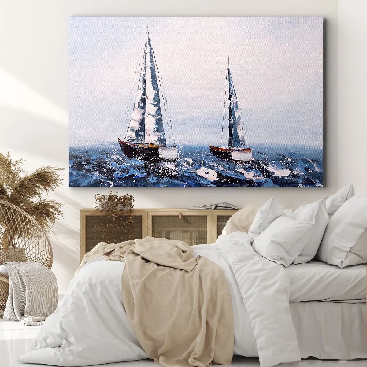 Cuadro sobre lienzo - Impresión de Imagen - Veleros en un mar tempestuoso en una composición pictórica - 70x50cm - Hermandad del viento - Decoración de pared moderna para salón y dormitorio ARTTOR