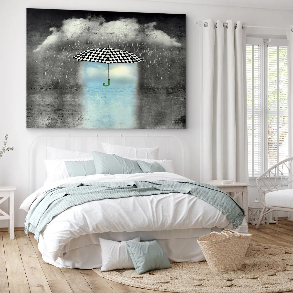 Cuadro sobre lienzo - Impresión de Imagen - Un paraguas a cuadros sobre un paisaje lluvioso. - 70x50cm - Y sin embargo, es posible - Decoración de pared moderna para salón y dormitorio ARTTOR