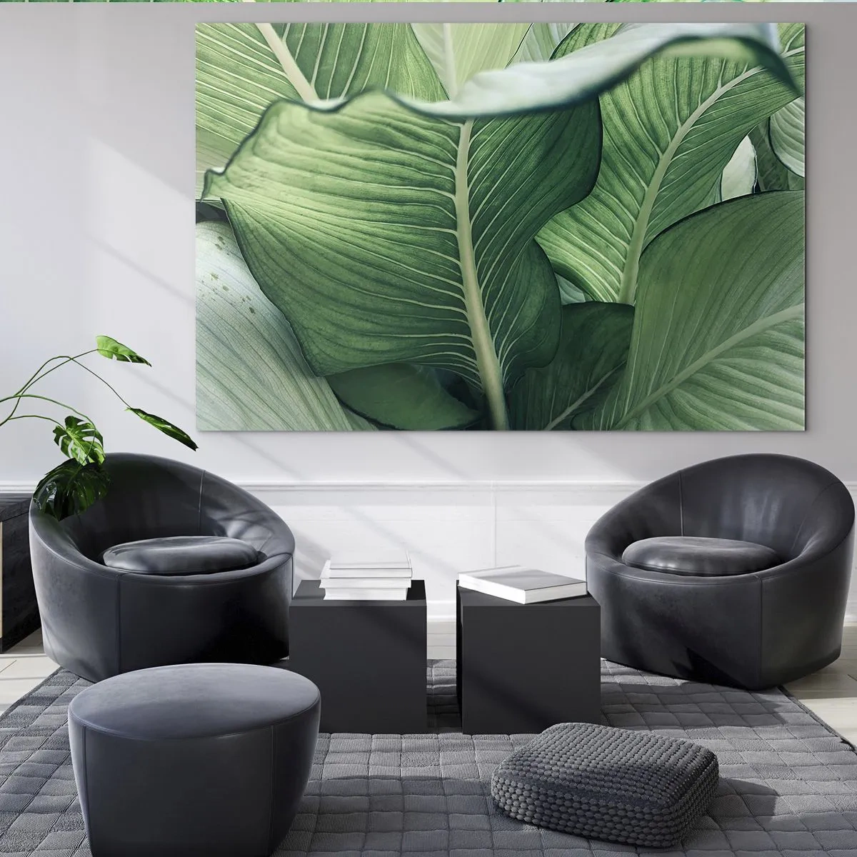 Cuadro sobre vidrio - Impresiones sobre Vidrio - Hojas verdes exuberantes en primer plano y con luz natural. - 70x50cm - Vida intensamente verde - Decoración de pared moderna para salón y dormitorio ARTTOR