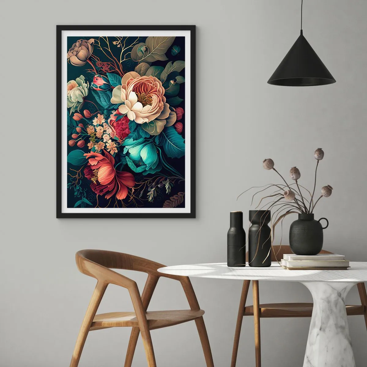 Póster en marco negro - Un ramo de flores de estilo barroco sobre un fondo oscuro. - 50x70cm - Encanto del siglo XIX - Decoración de pared moderna para salón y dormitorio ARTTOR