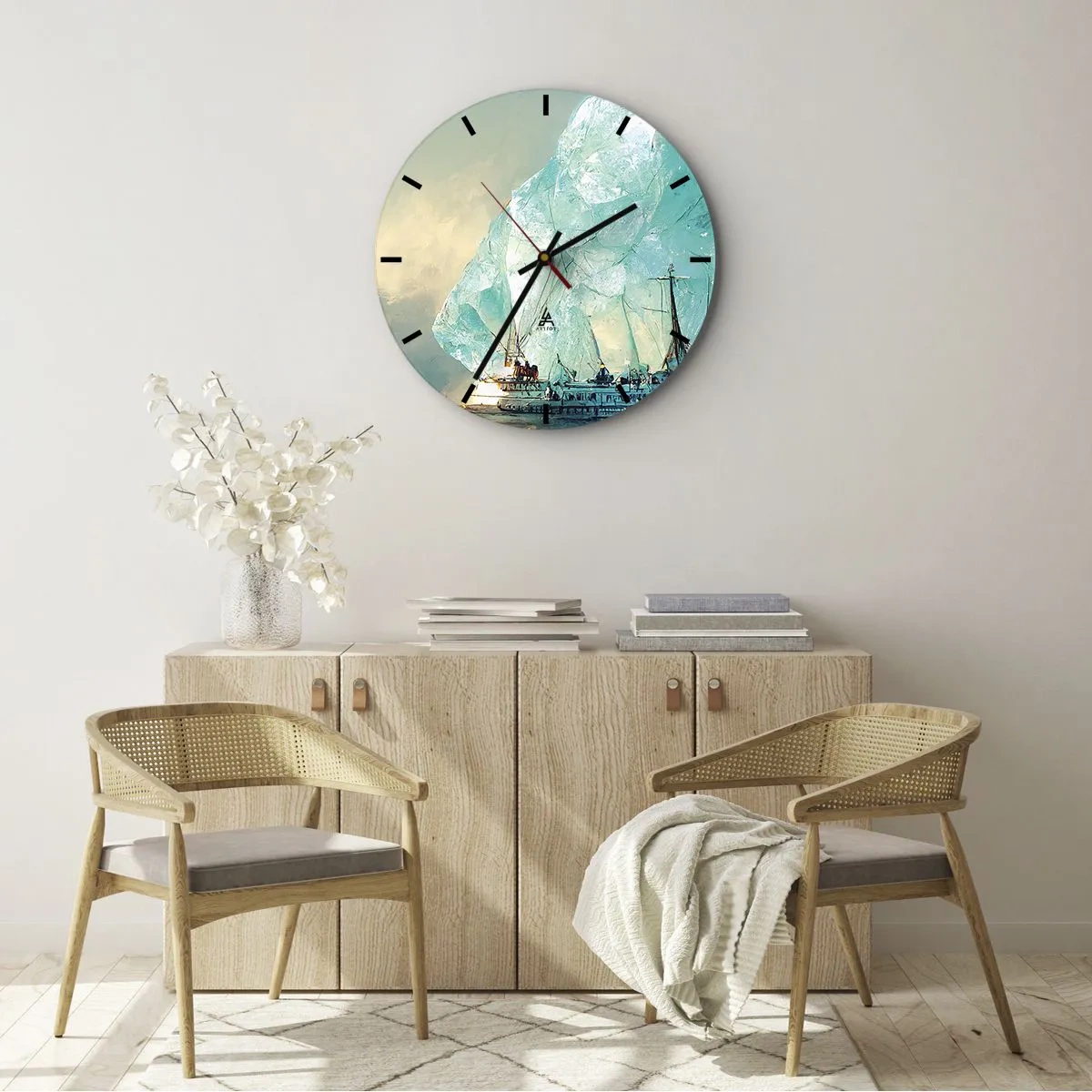 Reloj de pared - Reloj de vidrio - Un barco entre icebergs azules contra el cielo. - 30x30cm - Diamante ártico - Decoración de pared moderna para salón, cocina y dormitorio ARTTOR