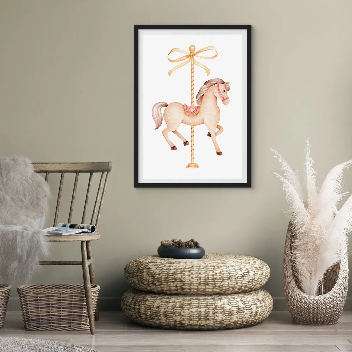Póster en marco negro - Una delicada ilustración de un caballo de carrusel en pasteles. - 50x70cm - Al trote grácil - Decoración de pared moderna para salón y dormitorio ARTTOR