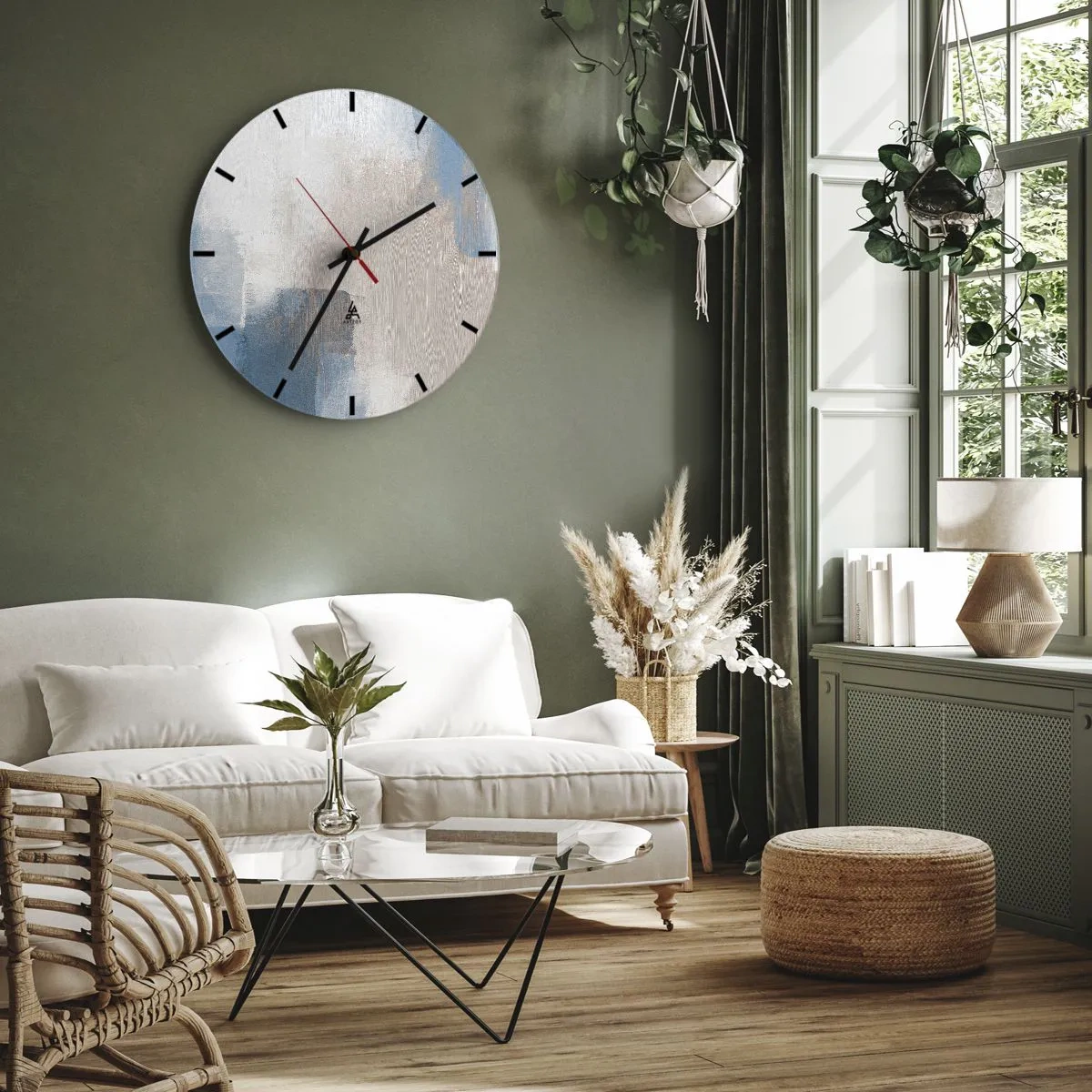 Reloj de pared - Reloj de vidrio - Abstracción moderna en beige, azul y gris. - 30x30cm - Abstracción rosa tras un velo azul - Decoración de pared moderna para salón, cocina y dormitorio ARTTOR