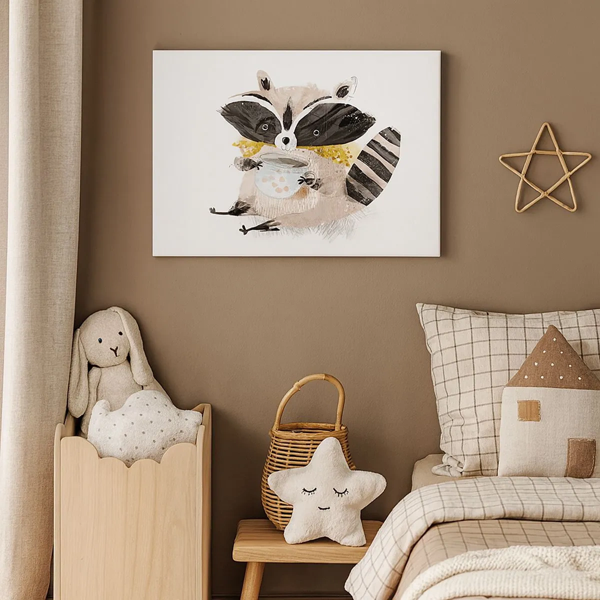 Cuadro sobre lienzo - Impresión de Imagen - Adorable mapache sosteniendo una taza de color pastel - 70x50cm - Mi amigo mapache - Decoración de pared moderna para salón y dormitorio ARTTOR