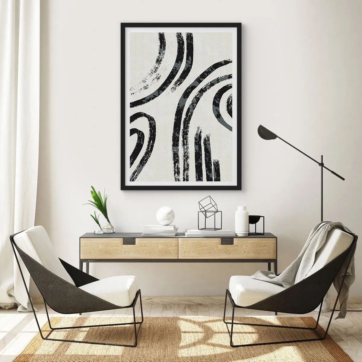 Póster en marco negro - Líneas negras abstractas sobre un fondo claro - 50x70cm - A medias - Decoración de pared moderna para salón y dormitorio ARTTOR