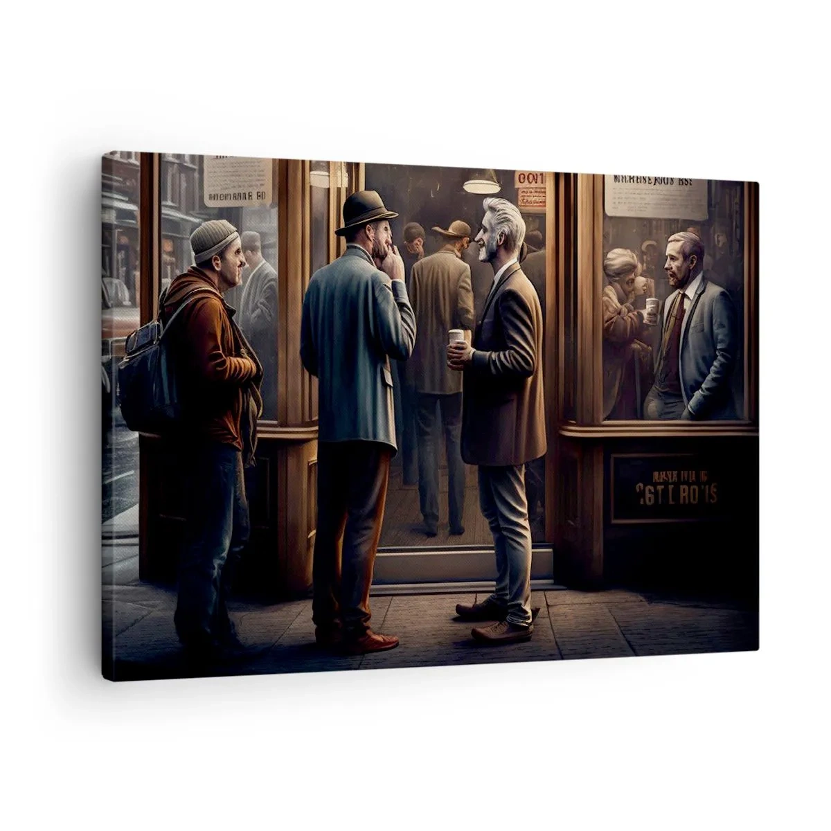 Cuadro sobre lienzo - Impresión de Imagen - Escena callejera con gente frente a un café retro. - 70x50cm - Un buen momento del día - Decoración de pared moderna para salón y dormitorio ARTTOR