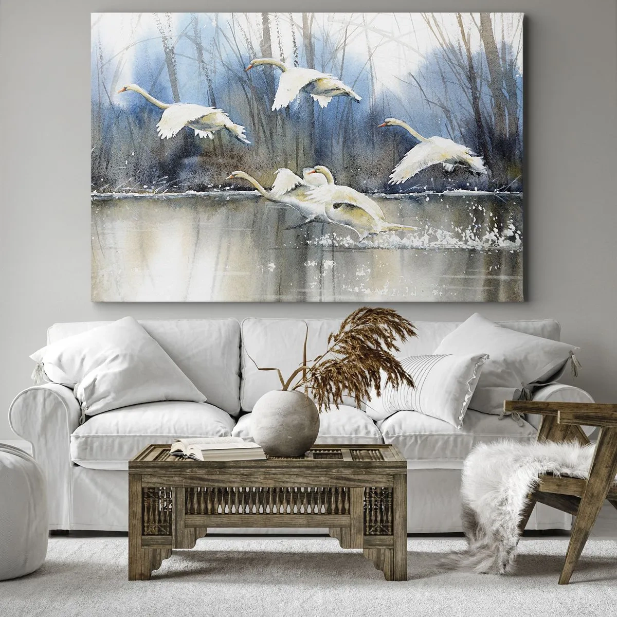 Cuadro sobre lienzo - Impresión de Imagen - Cisnes en vuelo sobre un lago congelado en un paisaje invernal - 70x50cm - Como en un cuento de cisnes salvajes - Decoración de pared moderna para salón y dormitorio ARTTOR