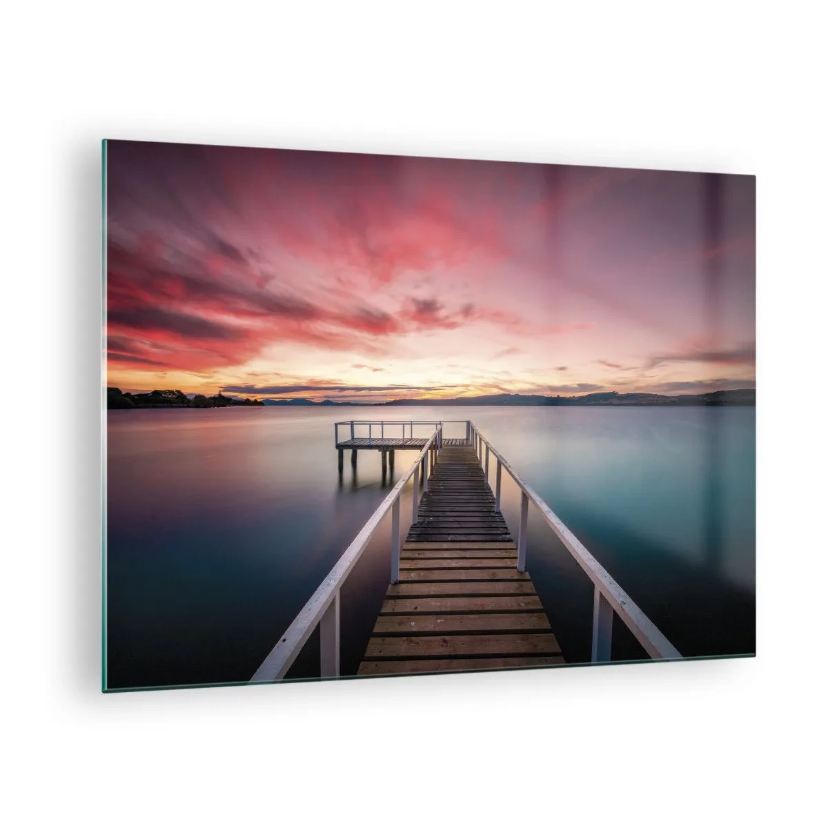 Cuadro sobre vidrio - Impresiones sobre Vidrio - Muelle junto al lago al atardecer con un cielo rosado - 70x50cm - La suave llama del atardecer - Decoración de pared moderna para salón y dormitorio ARTTOR