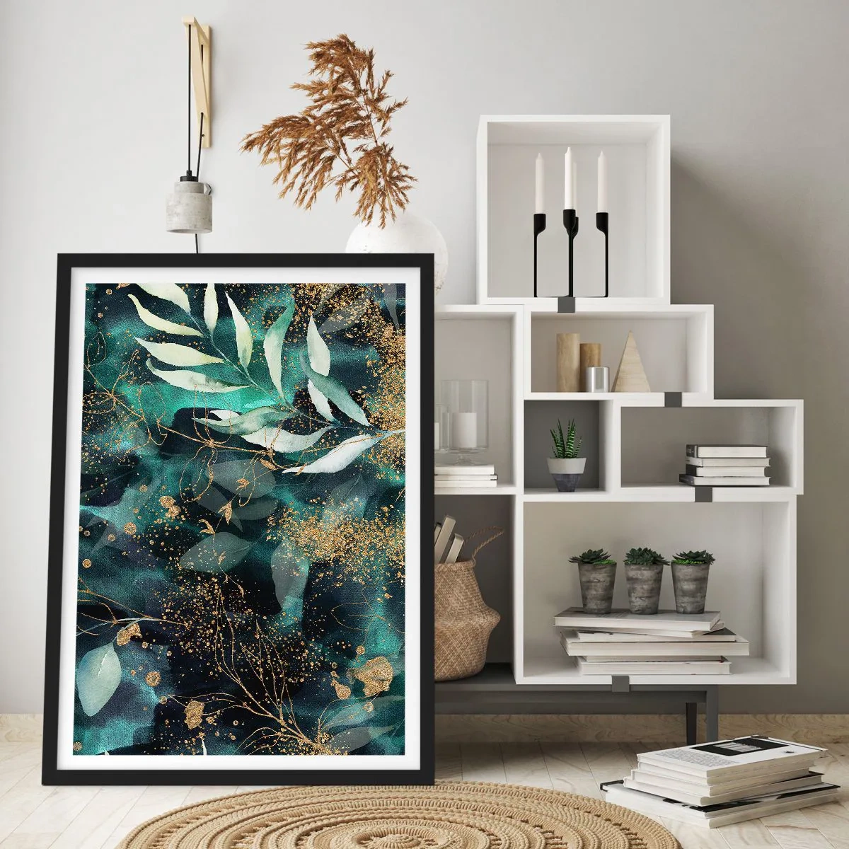 Póster en marco negro - Hojas verdes y acentos dorados sobre un fondo oscuro. - 50x70cm - Jardín encantado - Decoración de pared moderna para salón y dormitorio ARTTOR