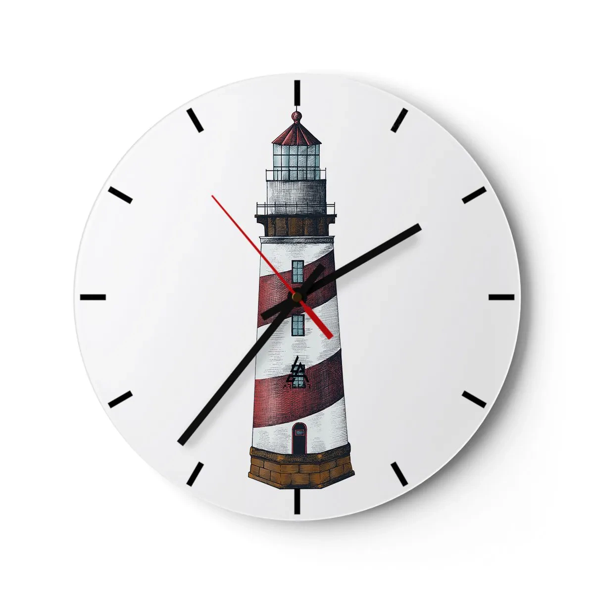Reloj de pared - Reloj de vidrio - Un faro con rayas rojas y blancas sobre un fondo blanco. - 30x30cm - Siempre en guardia - Decoración de pared moderna para salón, cocina y dormitorio ARTTOR