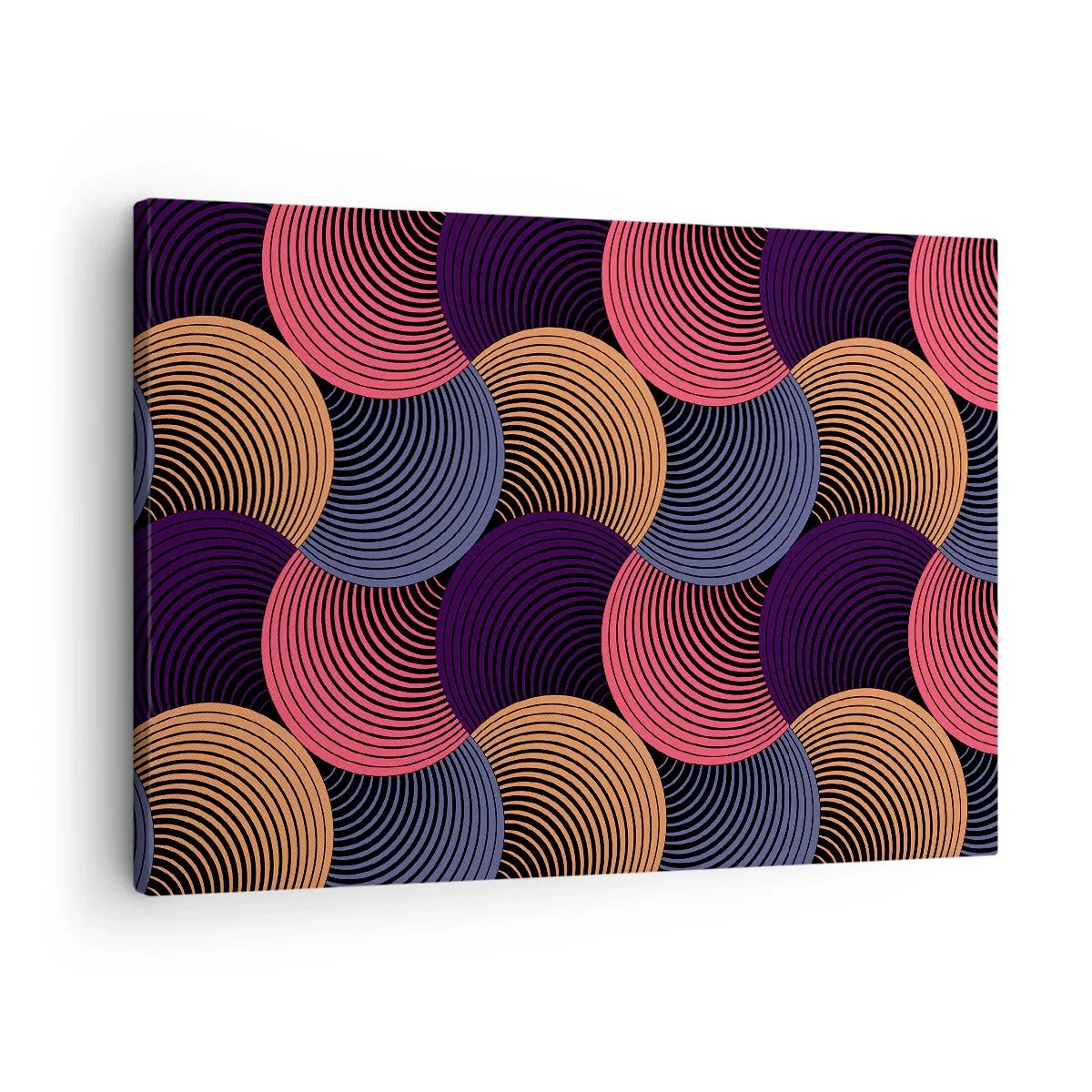 Cuadro sobre lienzo - Impresión de Imagen - Círculos geométricos en tonos rosa, morado y dorado. - 70x50cm - En un ritmo circular - Decoración de pared moderna para salón y dormitorio ARTTOR