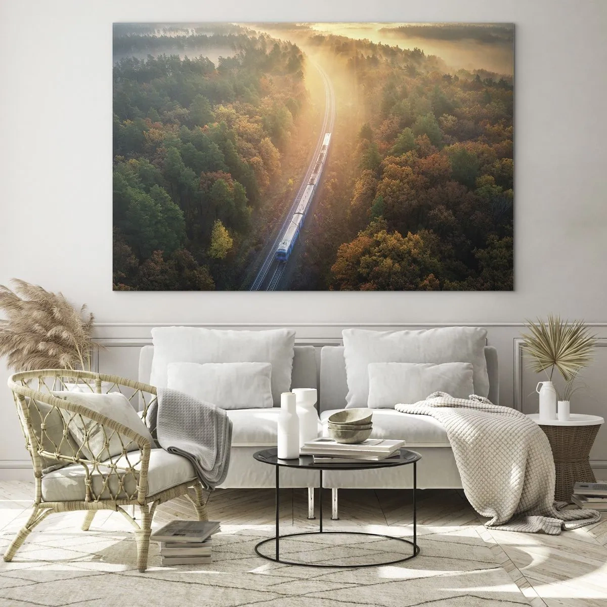 Cuadro sobre vidrio - Impresiones sobre Vidrio - Un tren en un pintoresco paisaje otoñal, lleno de calidez y nostalgia. - 70x50cm - Un viaje otoñal - Decoración de pared moderna para salón y dormitorio ARTTOR