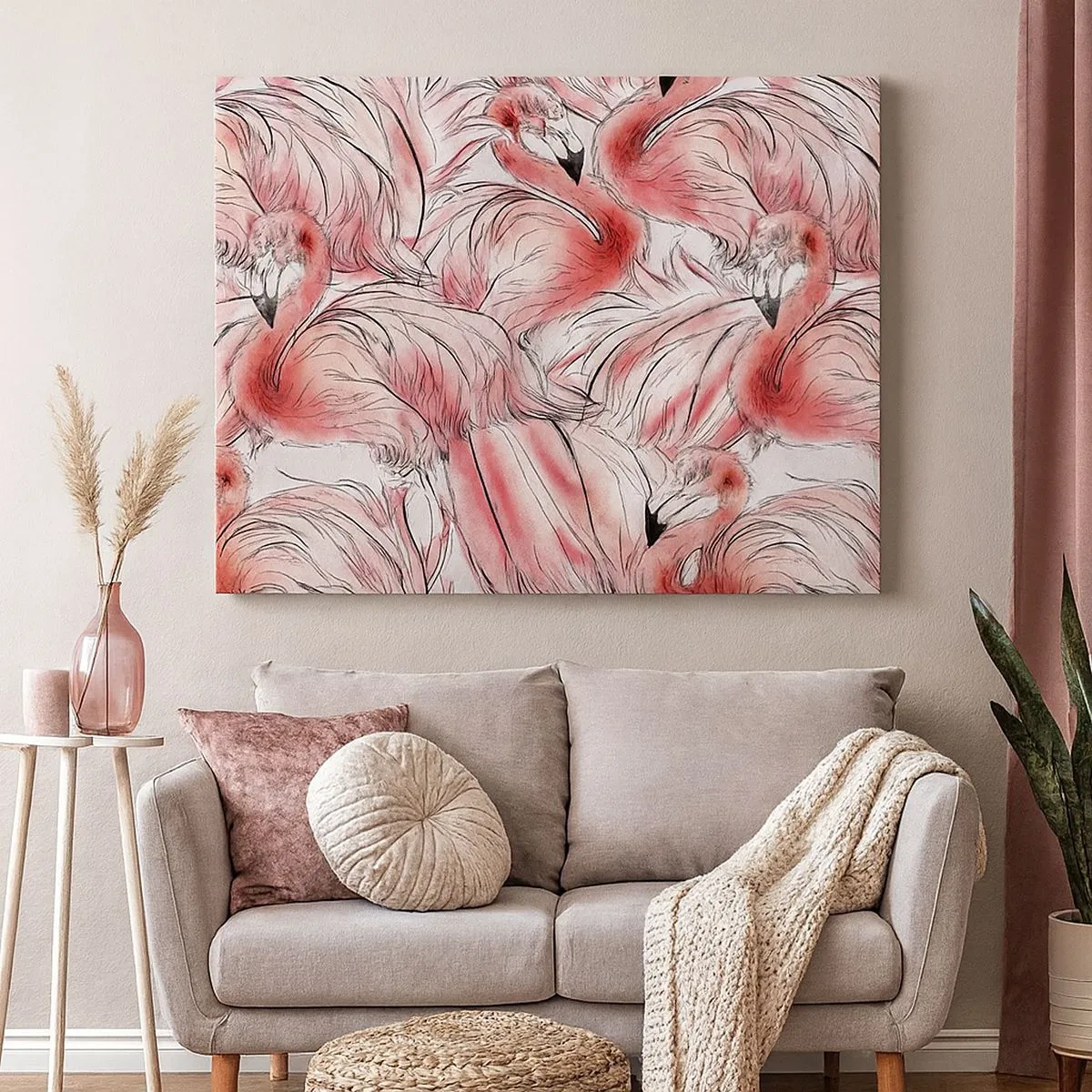 Cuadro sobre lienzo - Impresión de Imagen - Delicados dibujos de flamencos rosados - 70x50cm - Ballet de aves - Decoración de pared moderna para salón y dormitorio ARTTOR