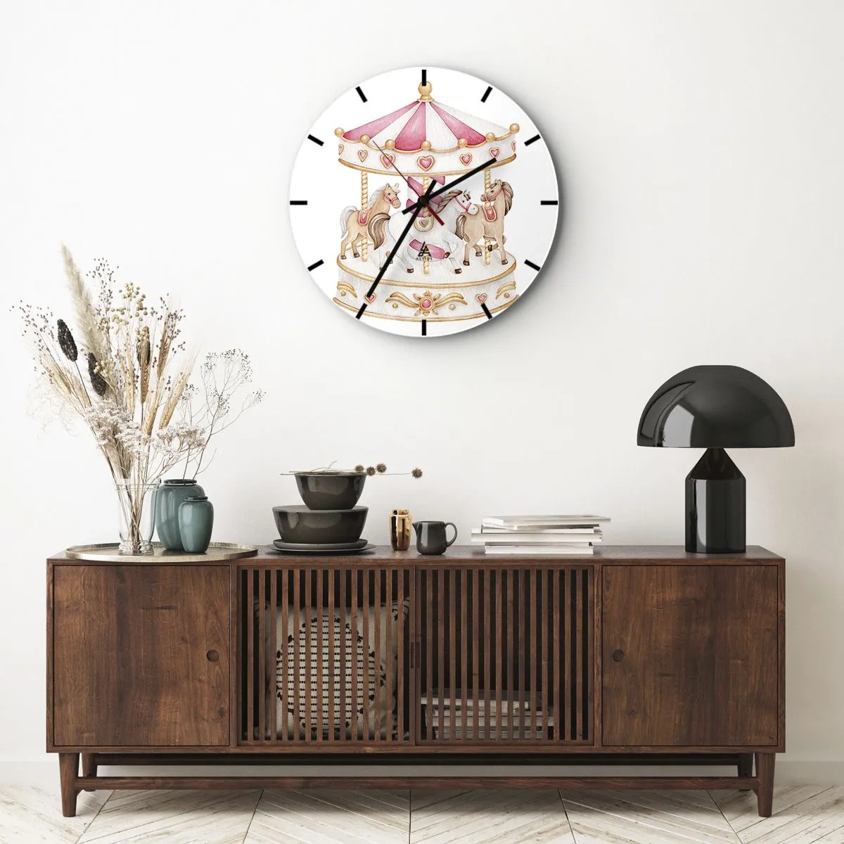 Reloj de pared - Reloj de vidrio - Carrusel rosa y crema con caballos sobre fondo blanco. - 30x30cm - El dulce mundo de la infancia - Decoración de pared moderna para salón, cocina y dormitorio ARTTOR