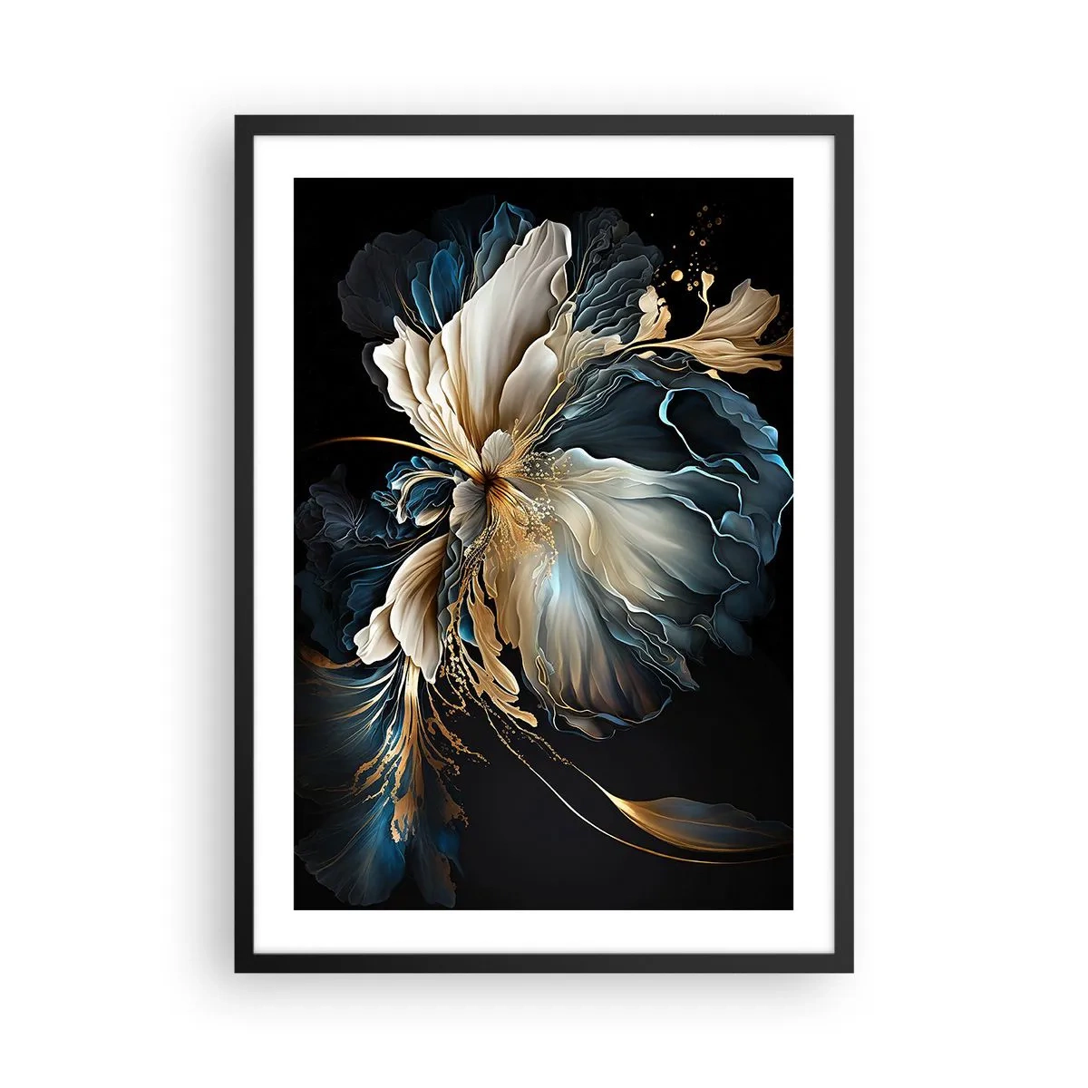Póster en marco negro - Un elegante arreglo floral abstracto en dorado y azul marino. - 50x70cm - Flor de helecho de cuento - Decoración de pared moderna para salón y dormitorio ARTTOR