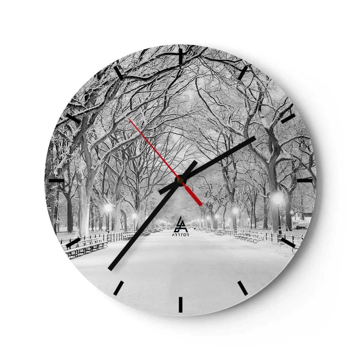 Reloj de pared - Reloj de vidrio - Callejón de árboles de invierno en el parque iluminado por faroles - 30x30cm - Cuatro estaciones - invierno - Decoración de pared moderna para salón, cocina y dormitorio ARTTOR