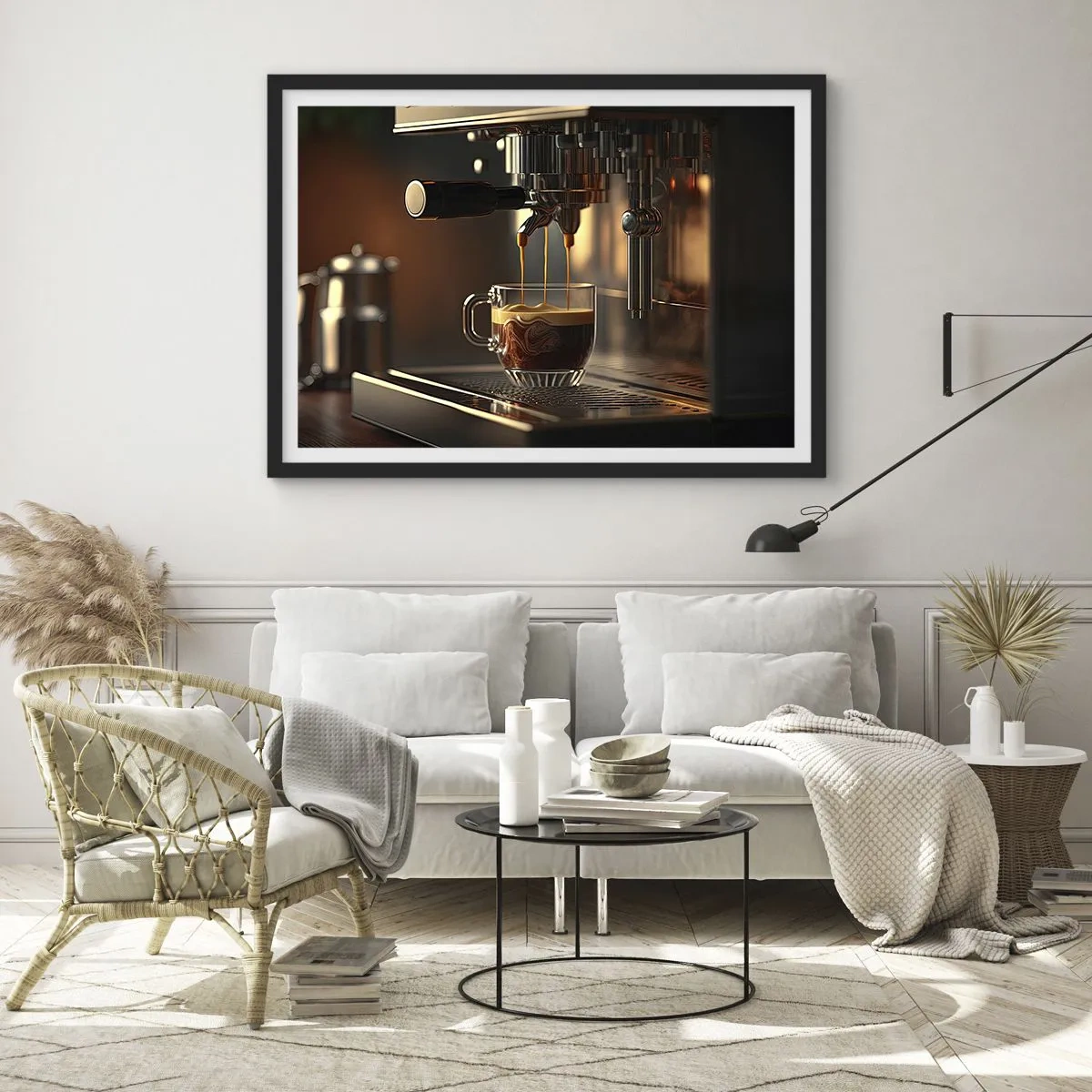 Póster en marco negro - Cafetera con una taza de espresso aromático. - 70x50cm - Un brebaje sensual - Decoración de pared moderna para salón y dormitorio ARTTOR