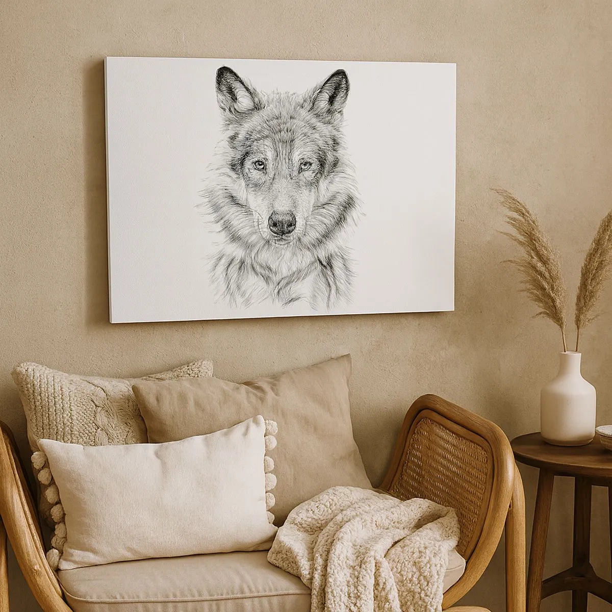 Cuadro sobre lienzo - Impresión de Imagen - Boceto de una cabeza de lobo en estilo monocromático sobre fondo blanco. - 70x50cm - Un líder nato - Decoración de pared moderna para salón y dormitorio ARTTOR