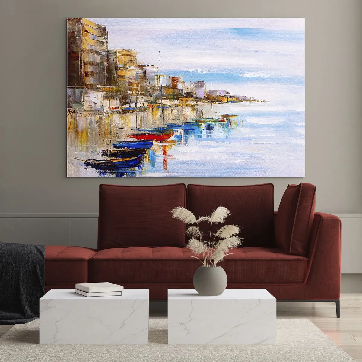 Cuadro sobre vidrio - Impresiones sobre Vidrio - Barcos coloridos amarrados en el muelle de la ciudad - 70x50cm - Puerto urbano multicolor - Decoración de pared moderna para salón y dormitorio ARTTOR