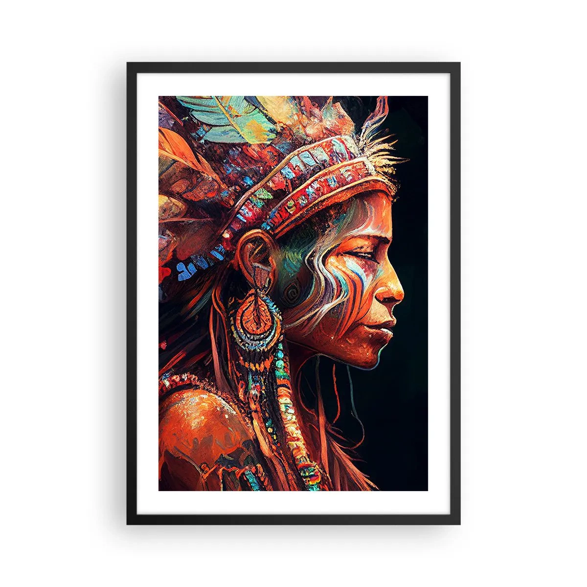 Póster en marco negro - Retrato de una mujer con un tocado de plumas tradicional - 50x70cm - Un ritual mágico - Decoración de pared moderna para salón y dormitorio ARTTOR