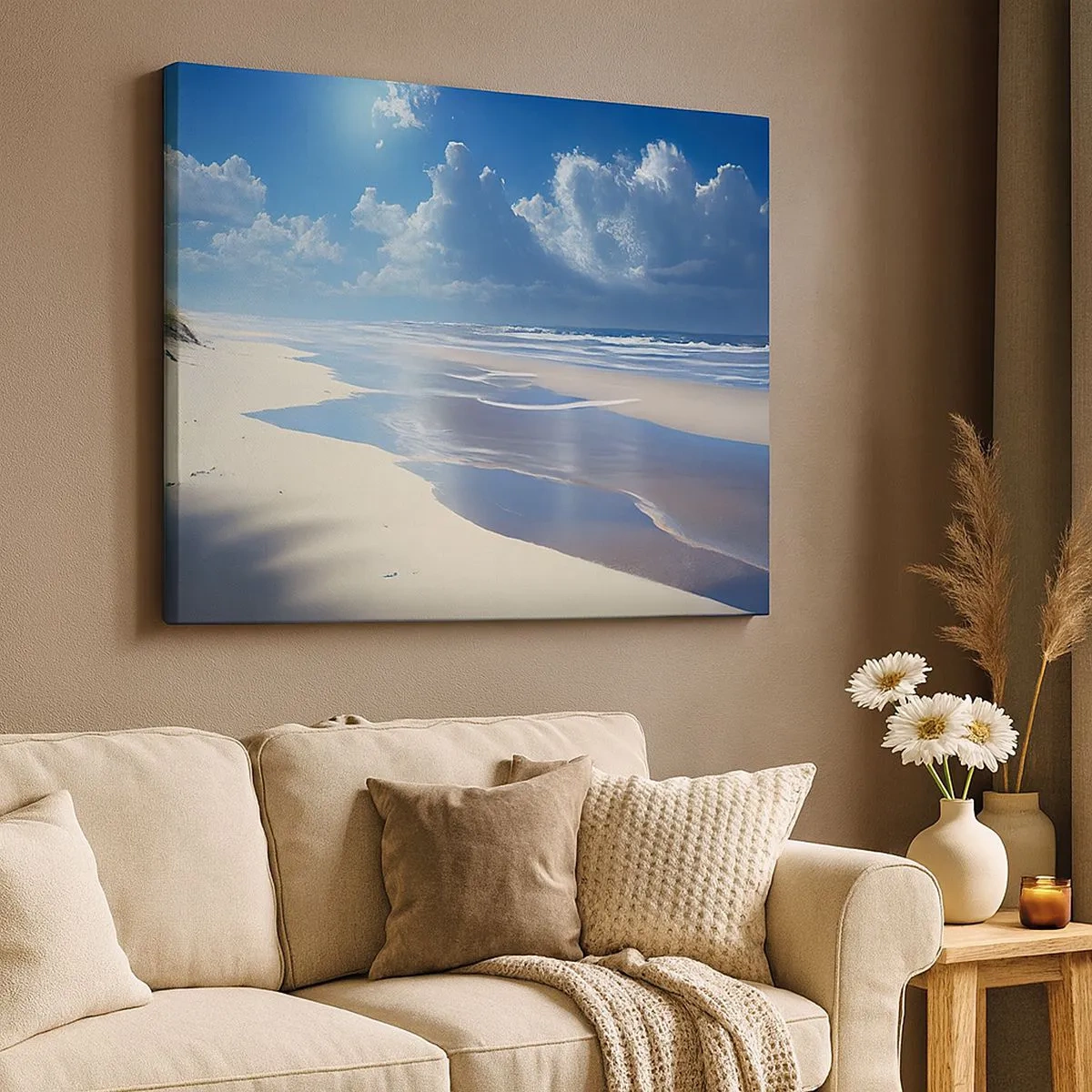 Cuadro sobre lienzo - Impresión de Imagen - Una playa de arena con olas bajo un cielo azul. - 70x50cm - Vacaciones en el paraíso - Decoración de pared moderna para salón y dormitorio ARTTOR
