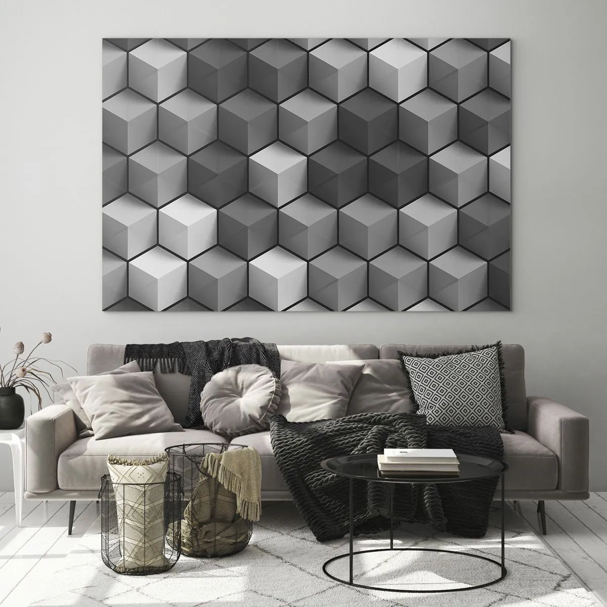 Cuadro sobre vidrio - Impresiones sobre Vidrio - Cubos geométricos en tonos de gris - 70x50cm - Rompecabezas cubista - Decoración de pared moderna para salón y dormitorio ARTTOR