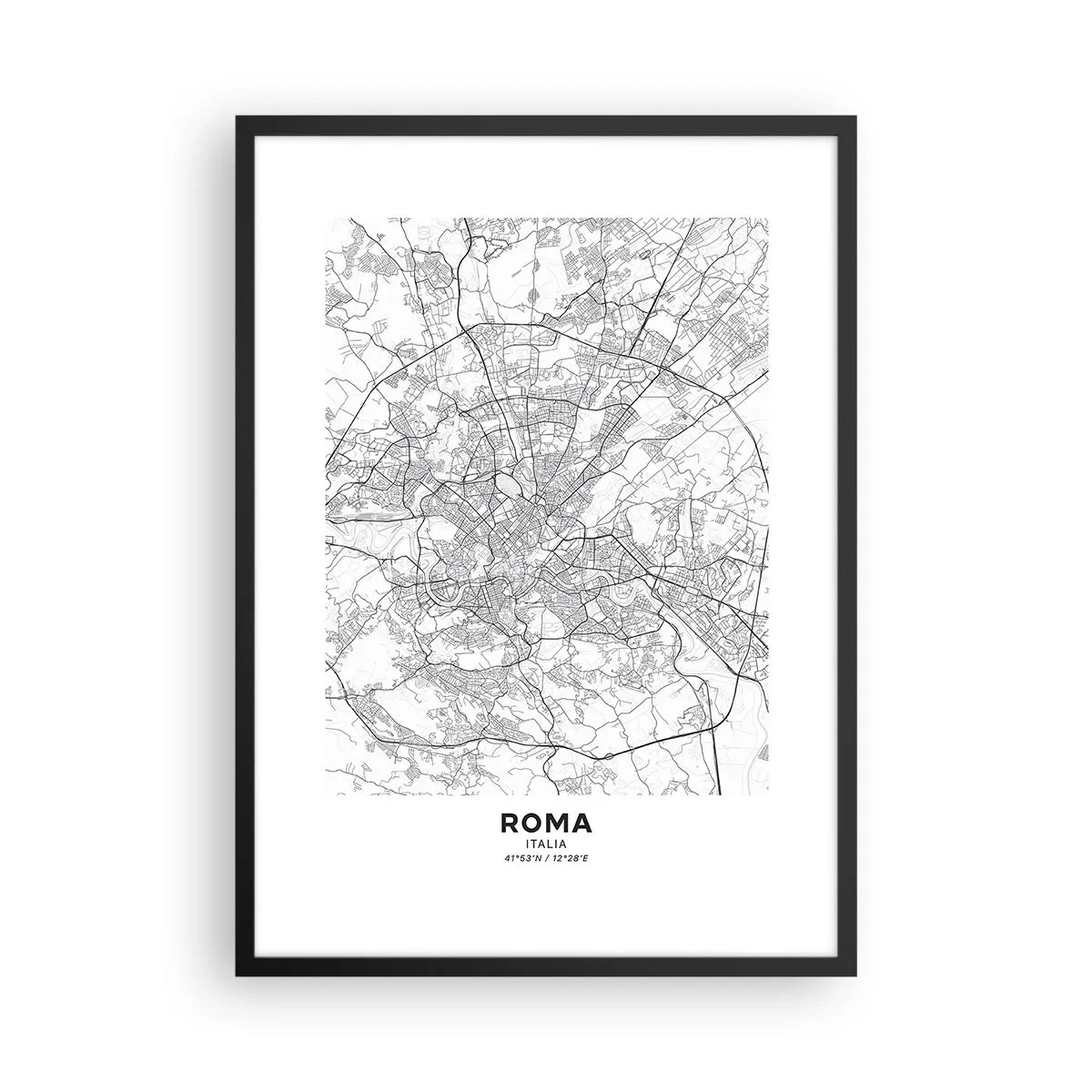 Póster en marco negro - Mapa en blanco y negro de Roma con calles y monumentos detallados - 50x70cm - El círculo romano - Decoración de pared moderna para salón y dormitorio ARTTOR