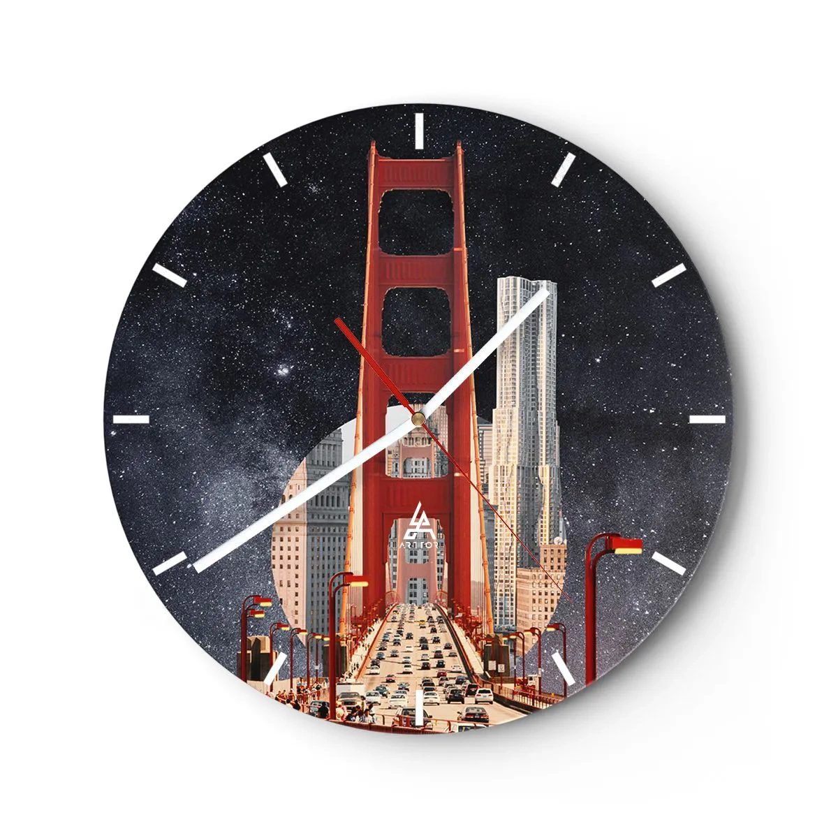 Reloj de pared - Reloj de vidrio - El puente de la ciudad a la luz de las farolas contra el fondo del cielo estrellado. - 30x30cm - Siempre en el centro - Decoración de pared moderna para salón, cocina y dormitorio ARTTOR