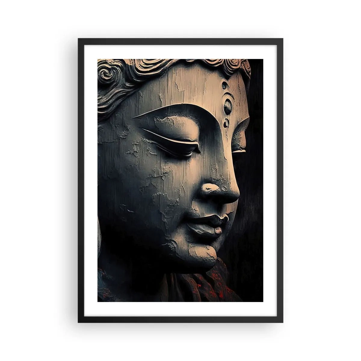 Póster en marco negro - Primer plano de una escultura de Buda bajo una luz cálida. - 50x70cm - En sintonía con el mundo - Decoración de pared moderna para salón y dormitorio ARTTOR