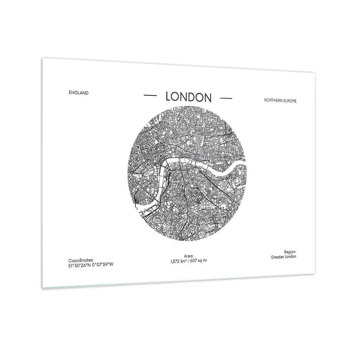 Cuadro sobre vidrio - Impresiones sobre Vidrio - Un mapa detallado de Londres en un estilo gráfico en blanco y negro. - 70x50cm - Anatomía de Londres - Decoración de pared moderna para salón y dormitorio ARTTOR