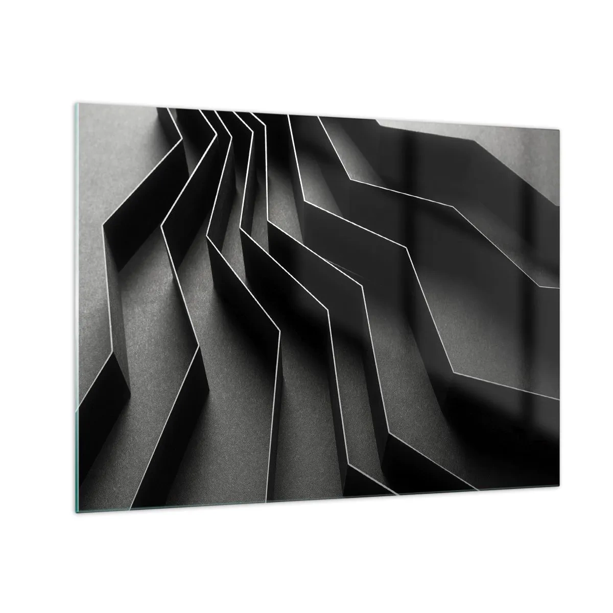 Cuadro sobre vidrio - Impresiones sobre Vidrio - Formas geométricas negras con profundidad y claroscuro. - 70x50cm - Orden espacial - Decoración de pared moderna para salón y dormitorio ARTTOR