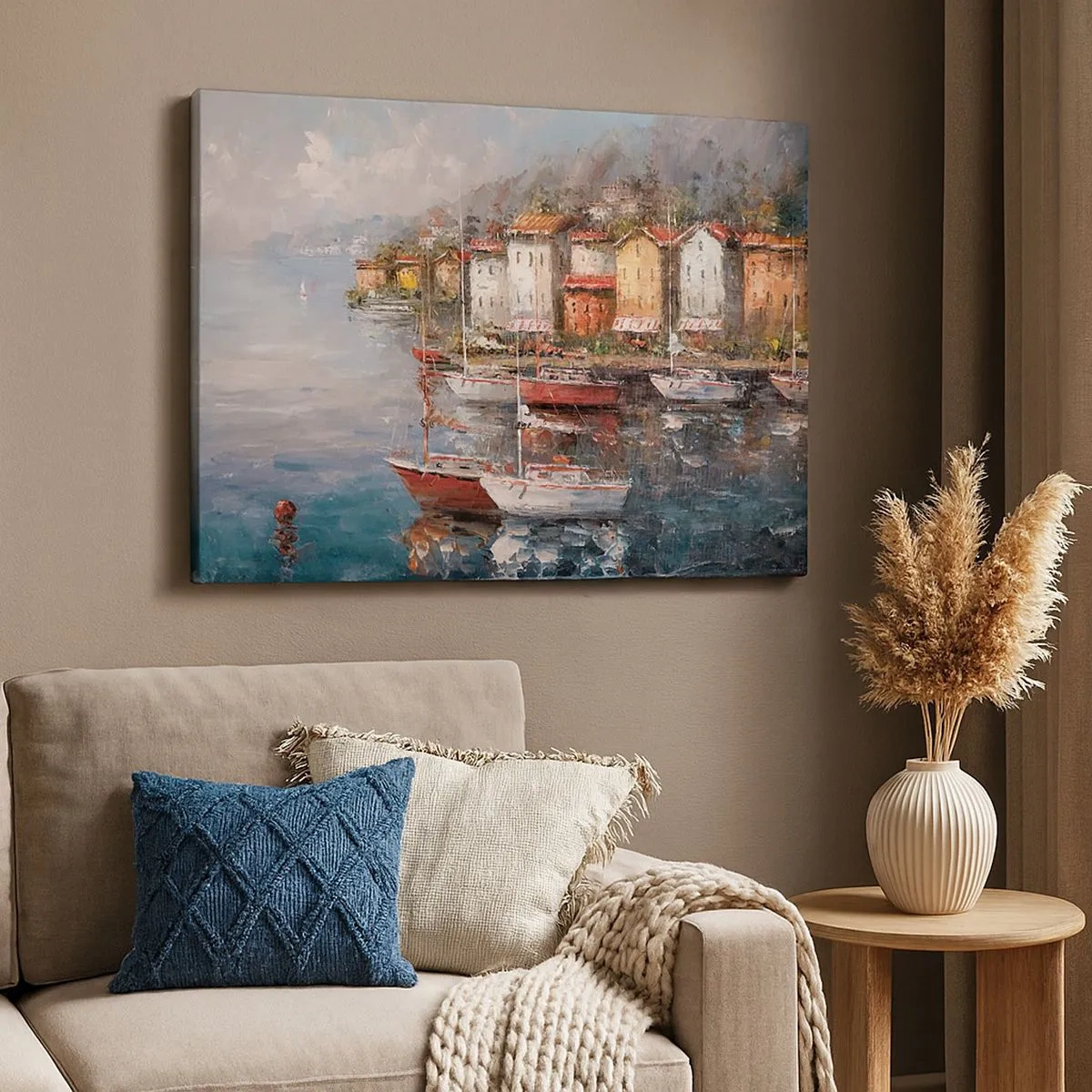 Cuadro sobre lienzo - Impresión de Imagen - Paisaje costero con barcos y casas de colores. - 70x50cm - Un refugio romántico - Decoración de pared moderna para salón y dormitorio ARTTOR