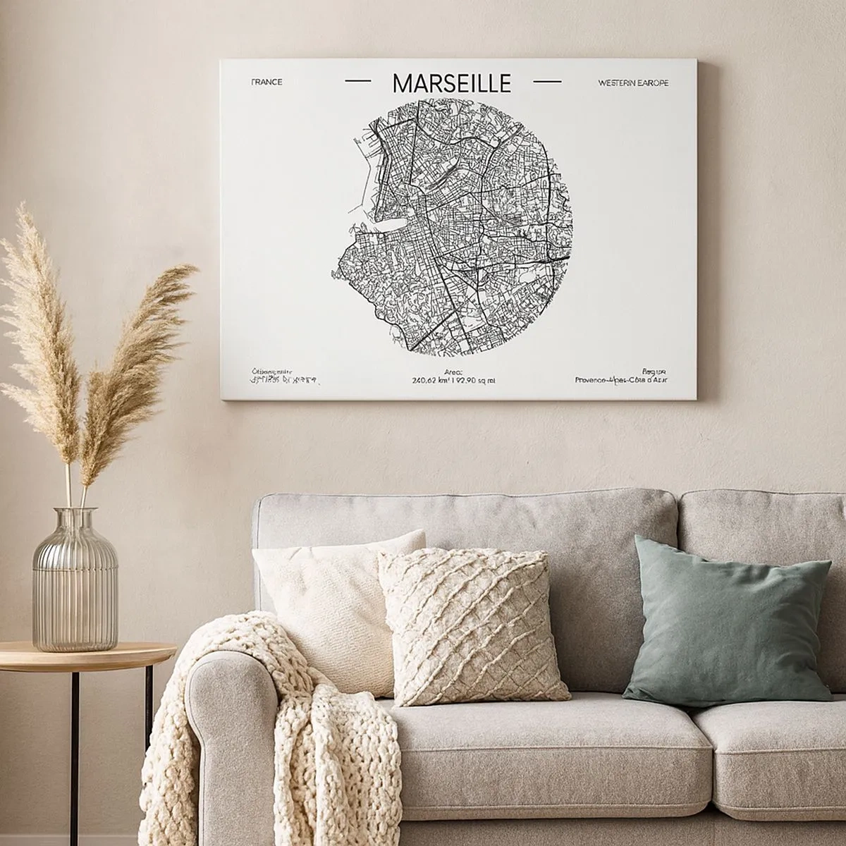 Cuadro sobre lienzo - Impresión de Imagen - Mapa de Marsella en estilo minimalista - 70x50cm - Anatomía de Marsella - Decoración de pared moderna para salón y dormitorio ARTTOR