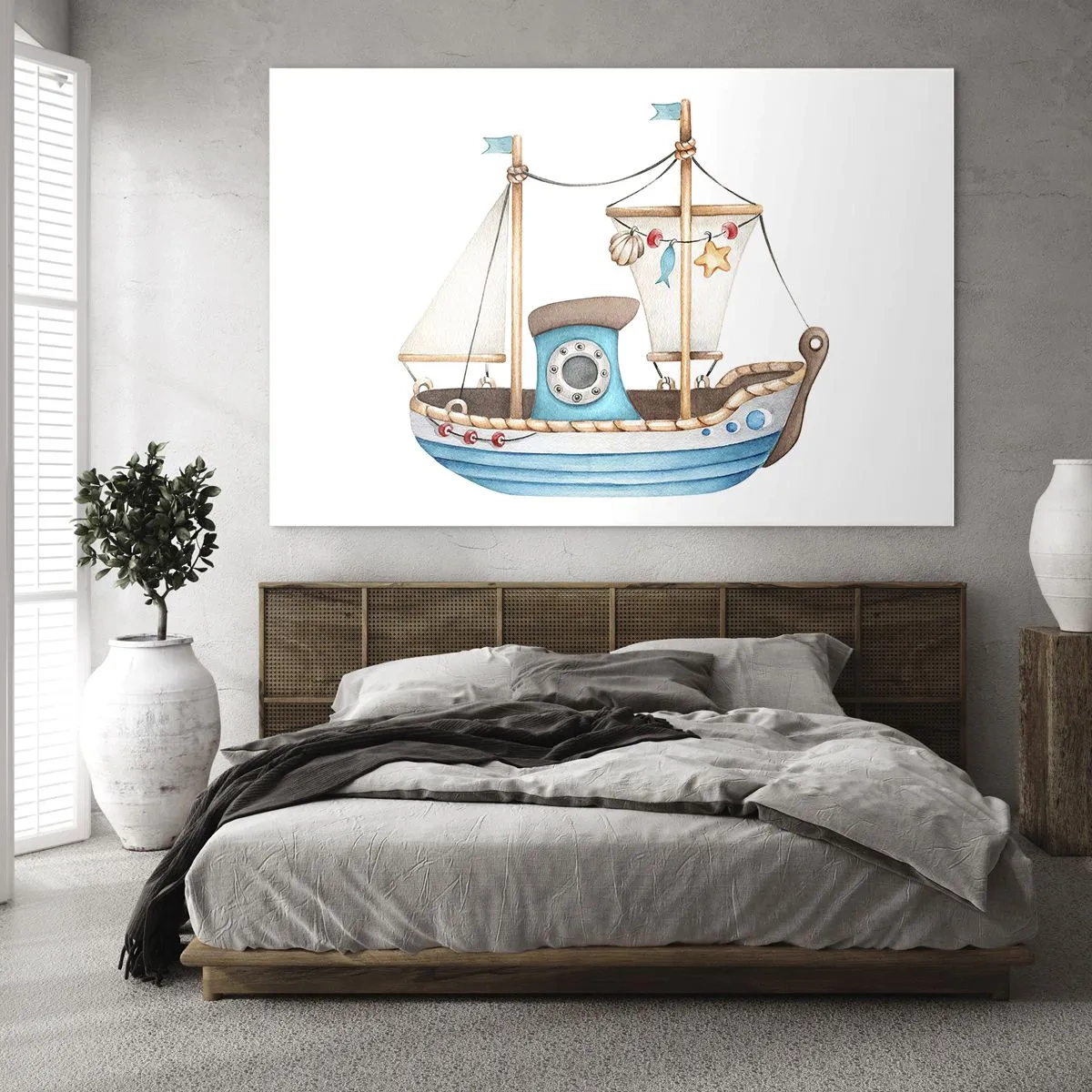 Cuadro sobre vidrio - Impresiones sobre Vidrio - Ilustración de un barco infantil sobre un fondo blanco. - 70x50cm - A la aventura - Decoración de pared moderna para salón y dormitorio ARTTOR