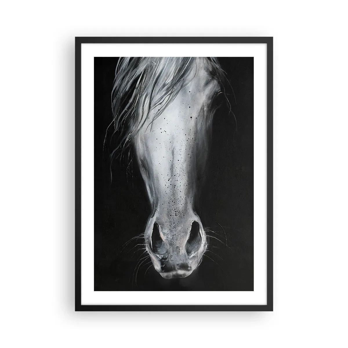 Póster en marco negro - Primer plano de la cara de un caballo en blanco y negro. - 50x70cm - Mirada seductora - Decoración de pared moderna para salón y dormitorio ARTTOR