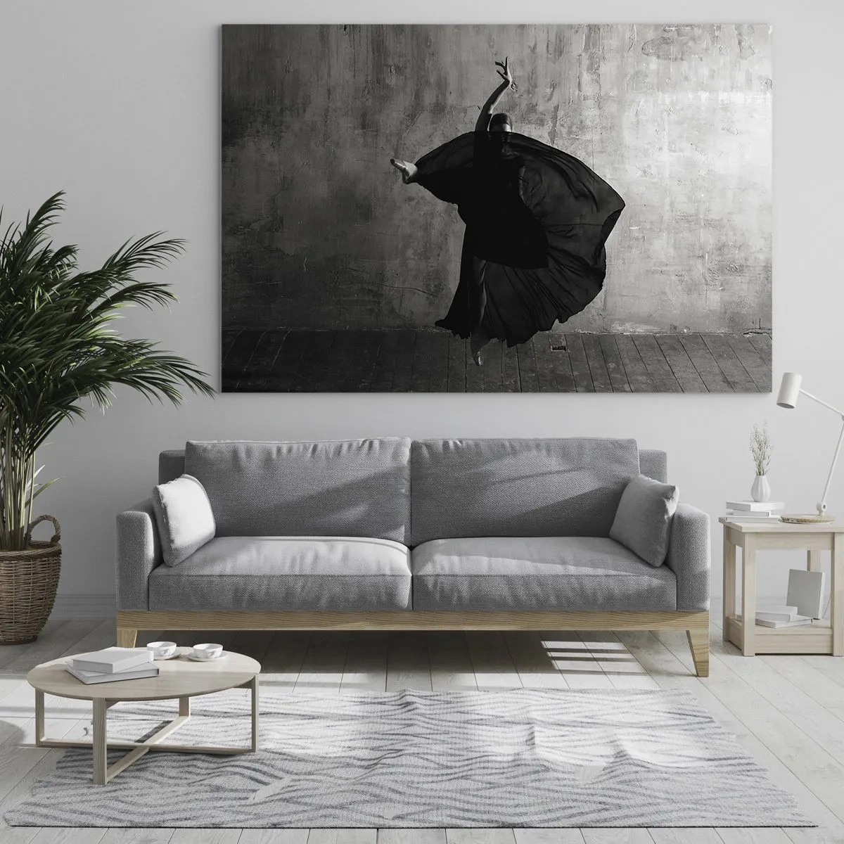 Cuadro sobre vidrio - Impresiones sobre Vidrio - Silueta en blanco y negro de una bailarina en una pose dinámica. - 70x50cm - Cargada de pasión - Decoración de pared moderna para salón y dormitorio ARTTOR