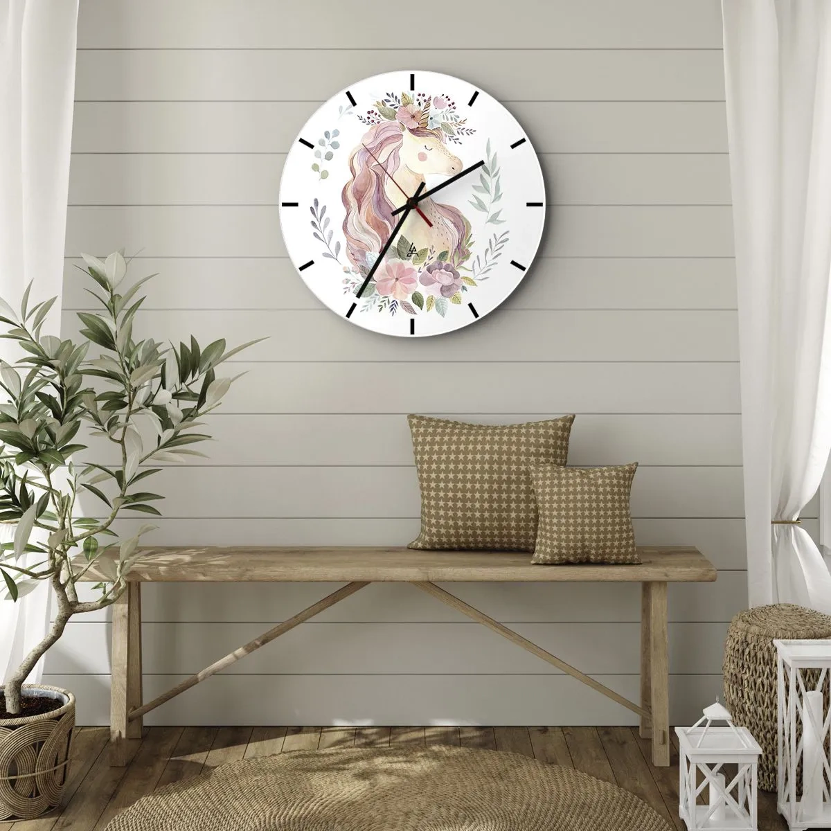 Reloj de pared - Reloj de vidrio - Cabeza de unicornio de acuarela con corona de flores. - 30x30cm - Una invitación al mundo de los cuentos de hadas - Decoración de pared moderna para salón, cocina y dormitorio ARTTOR