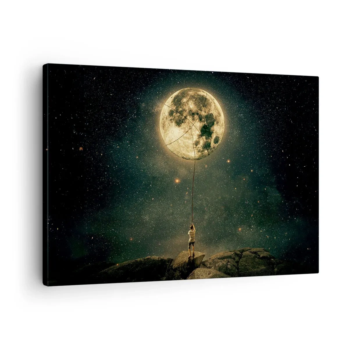Cuadro sobre lienzo - Impresión de Imagen - Hombre con la luna contra el cielo estrellado - 70x50cm - El que robó la luna - Decoración de pared moderna para salón y dormitorio ARTTOR