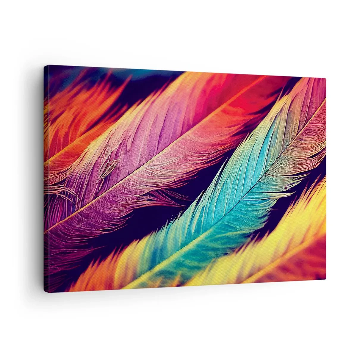 Cuadro sobre lienzo - Impresión de Imagen - Plumas de colores intensos - 70x50cm - Arco iris plumoso - Decoración de pared moderna para salón y dormitorio ARTTOR