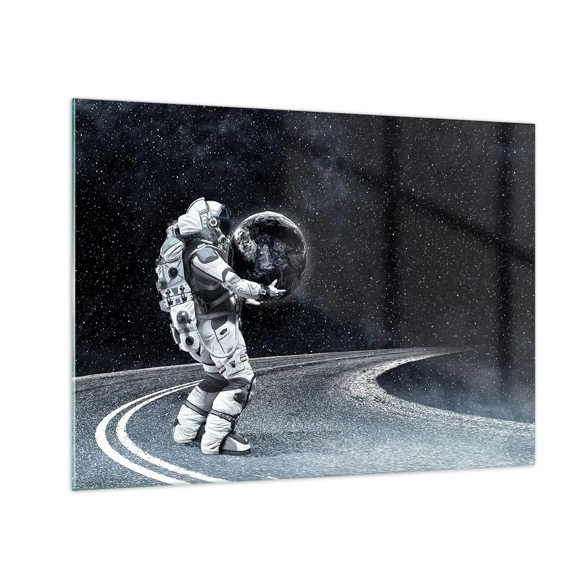 Cuadro sobre vidrio - Impresiones sobre Vidrio - Un astronauta que lleva la Tierra en su camino a través del universo. - 70x50cm - En la Vía Láctea - Decoración de pared moderna para salón y dormitorio ARTTOR