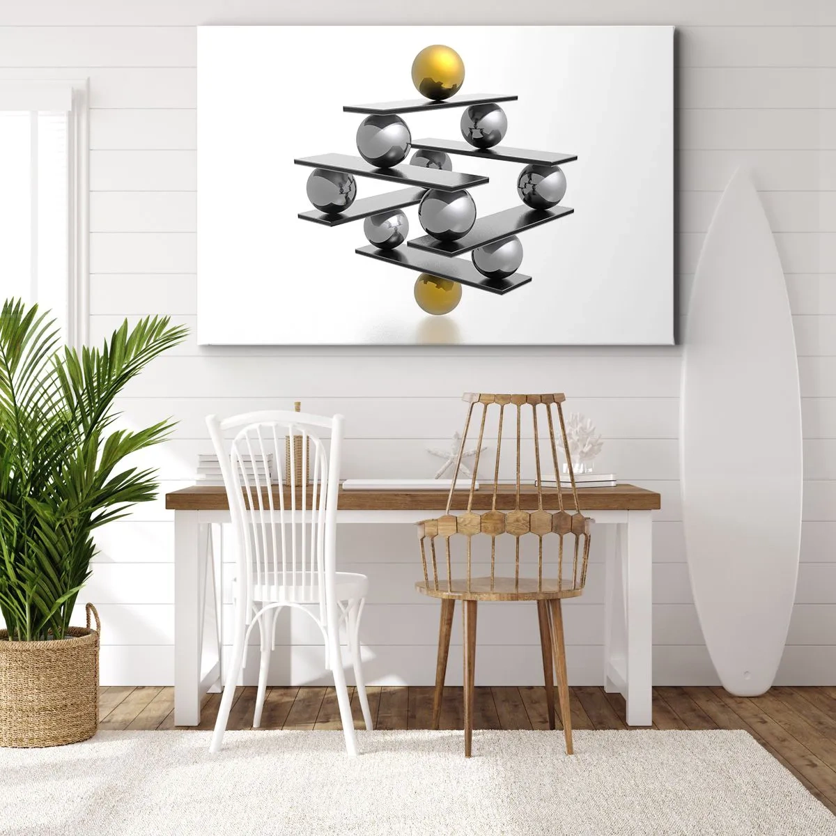 Cuadro sobre lienzo - Impresión de Imagen - Composición geométrica con bolas de metal y acento dorado. - 70x50cm - Balance de oro y plata - Decoración de pared moderna para salón y dormitorio ARTTOR