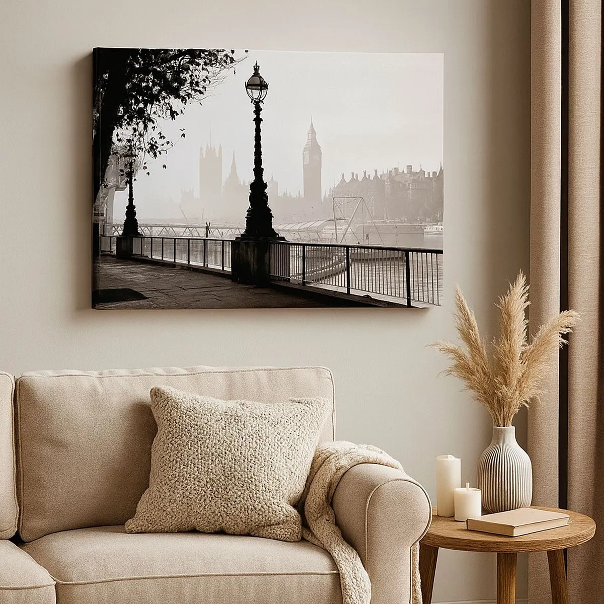 Cuadro sobre lienzo - Impresión de Imagen - Una vista monocromática del Big Ben y el Támesis. - 70x50cm - La mañana de Londres - Decoración de pared moderna para salón y dormitorio ARTTOR