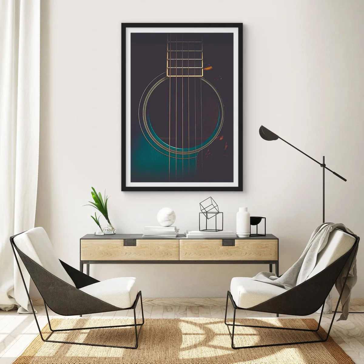 Póster en marco negro - Un primer plano artístico de la caja de resonancia de una guitarra acústica. - 50x70cm - Un momento antes de que suene - Decoración de pared moderna para salón y dormitorio ARTTOR