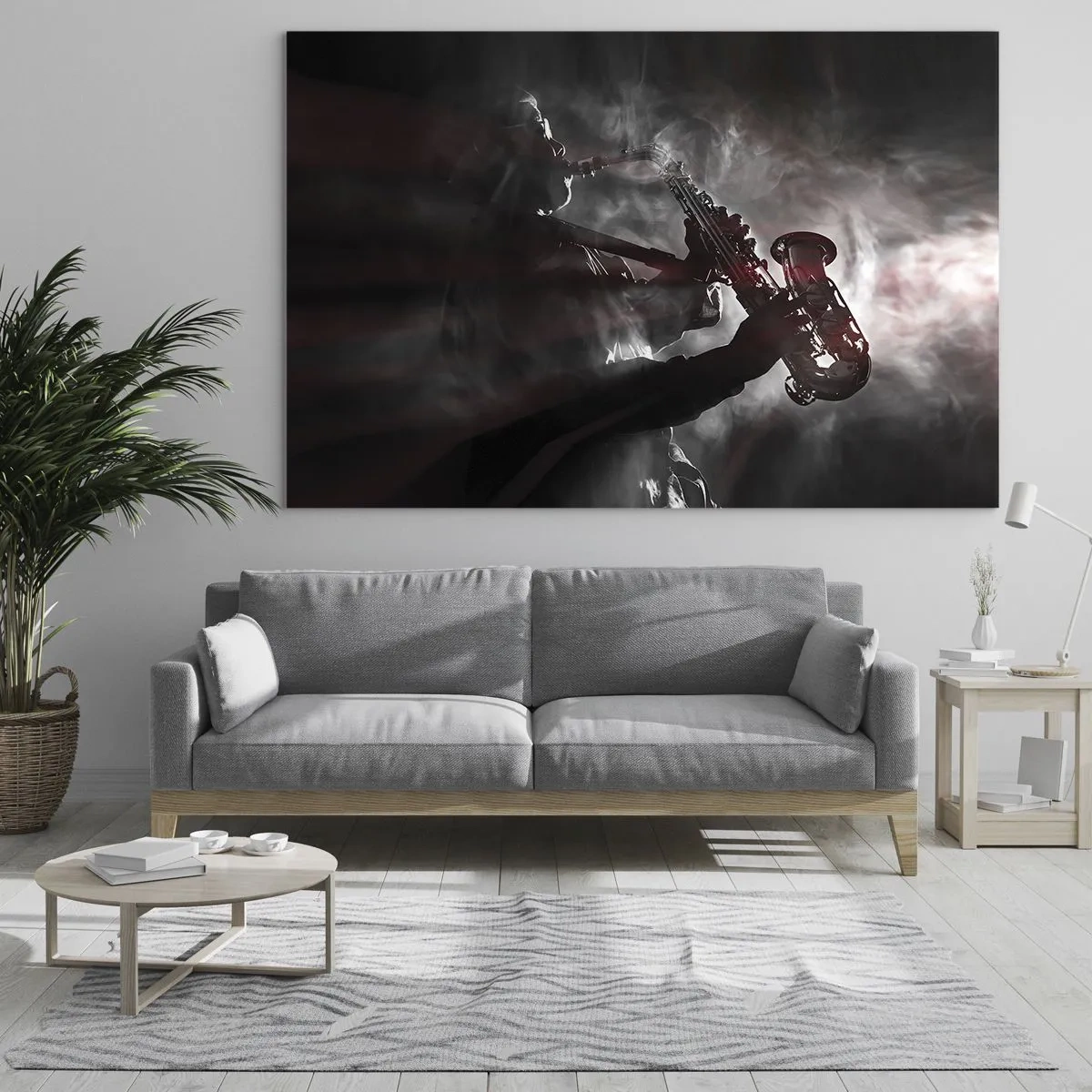 Cuadro sobre vidrio - Impresiones sobre Vidrio - Saxofonista en una nube de humo en blanco y negro - 70x50cm - En el vapor del jazz - Decoración de pared moderna para salón y dormitorio ARTTOR