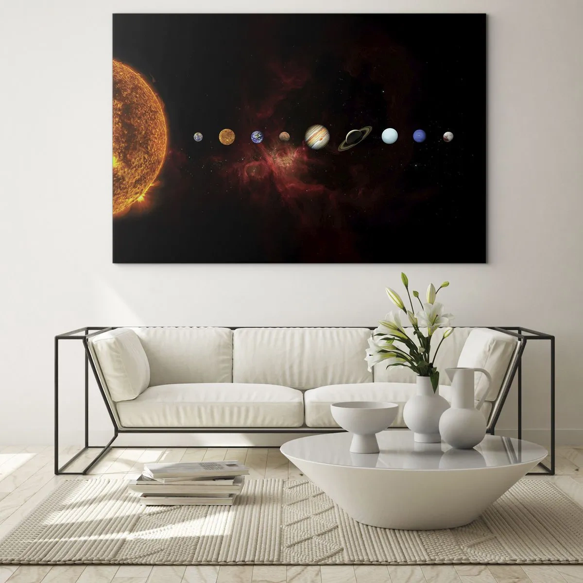 Cuadro sobre vidrio - Impresiones sobre Vidrio - Sistema planetario con el Sol sobre fondo negro. - 70x50cm - Nuestro barrio - Decoración de pared moderna para salón y dormitorio ARTTOR