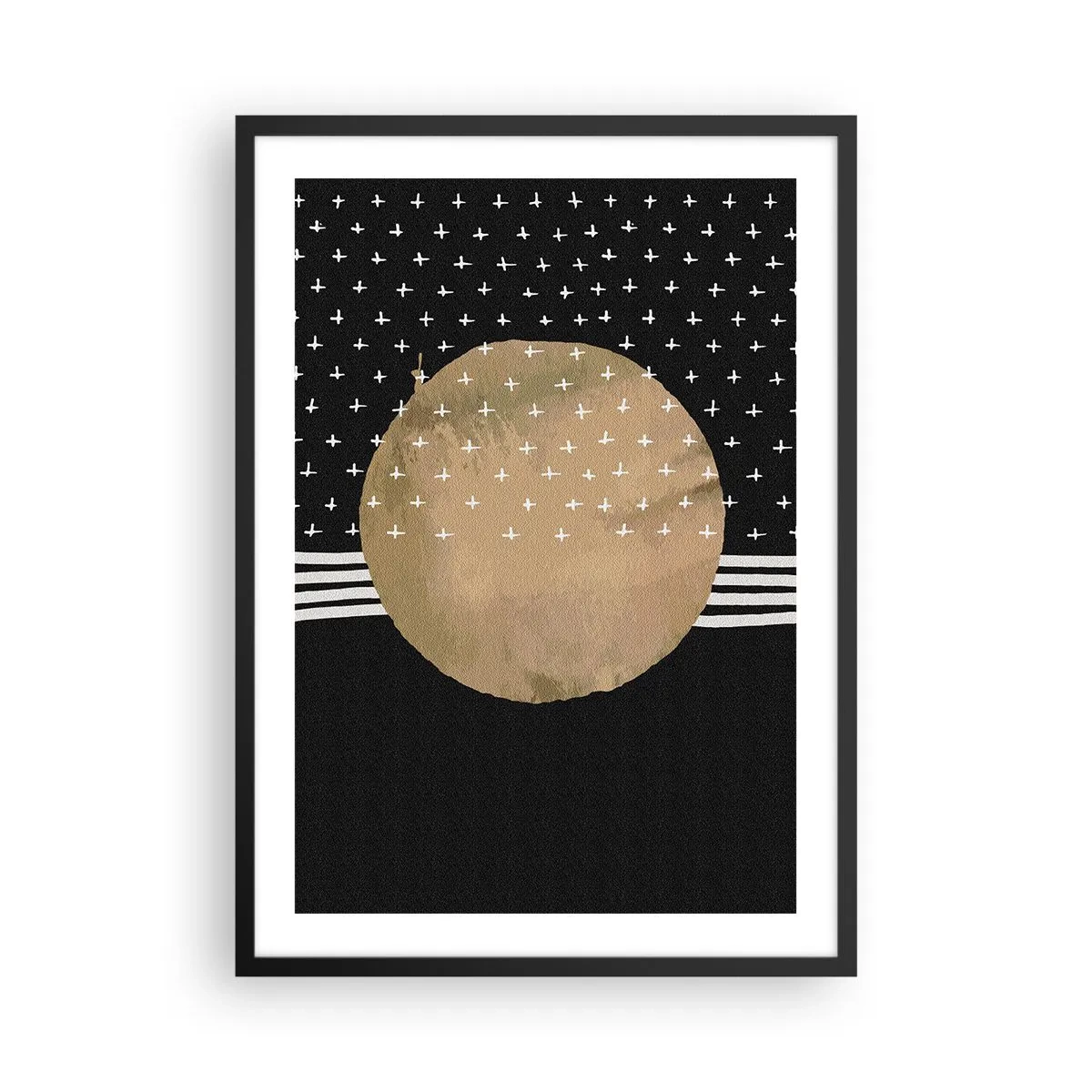 Póster en marco negro - Bola dorada abstracta sobre un fondo negro con patrones - 50x70cm - Composición: bandera de la galaxia - Decoración de pared moderna para salón y dormitorio ARTTOR