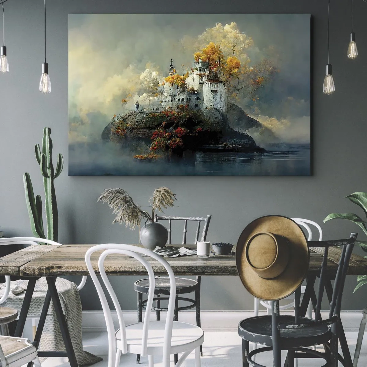 Cuadro sobre lienzo - Impresión de Imagen - Un castillo en una colina rodeado de árboles otoñales. - 70x50cm - El comienzo de una historia romántica - Decoración de pared moderna para salón y dormitorio ARTTOR