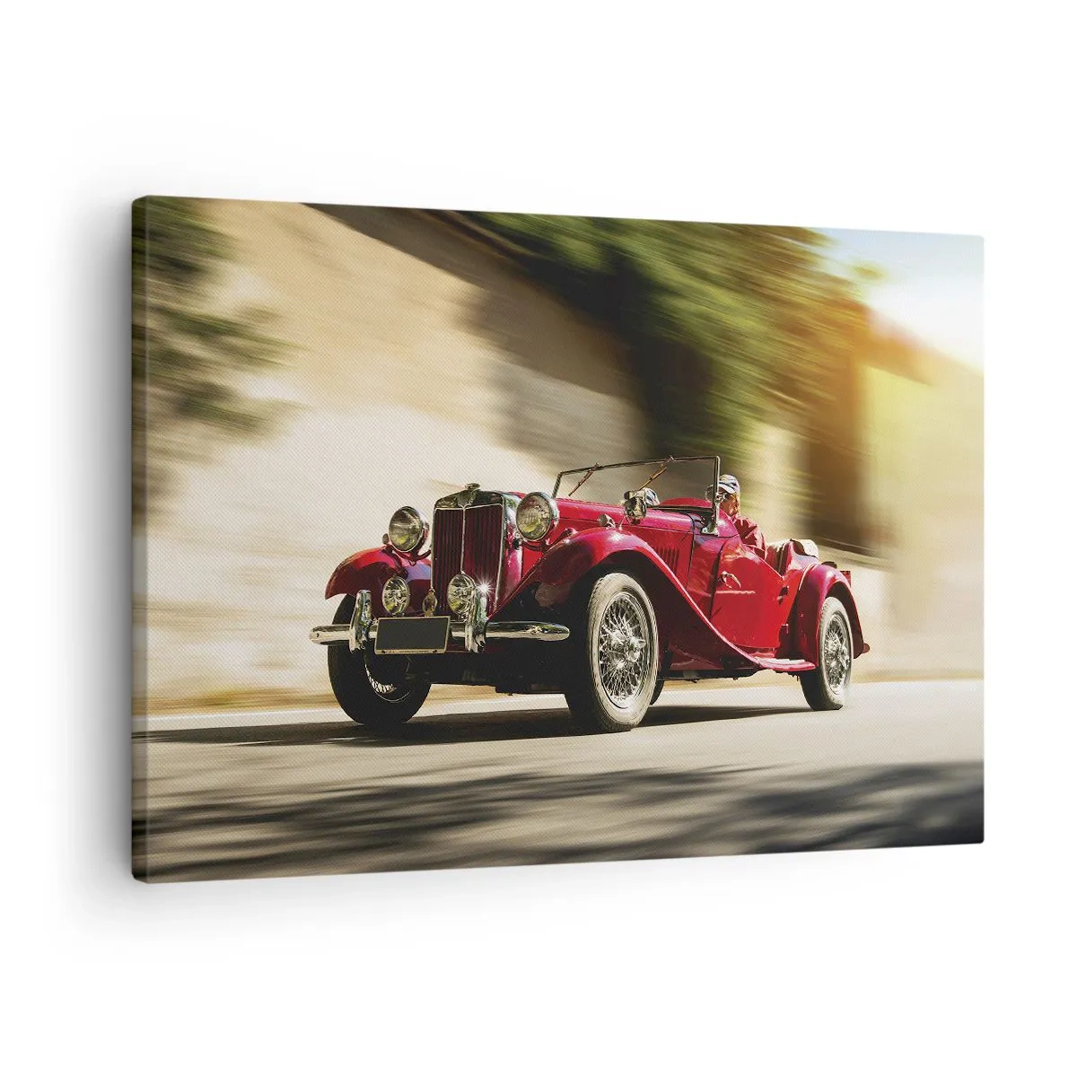 Cuadro sobre lienzo - Impresión de Imagen - Coche clásico rojo en movimiento en una calle soleada - 70x50cm - Hermosa pieza de museo - Decoración de pared moderna para salón y dormitorio ARTTOR